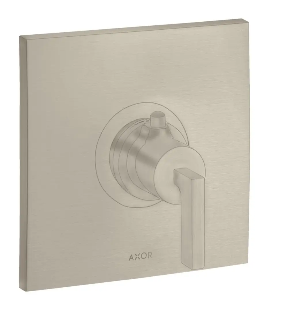 Wandmontierter Wasserthermostat von AXOR mit quadratischer Abdeckung und Hebelgriff in gebürstetem Nickel, geeignet für Unterputzinstallation.